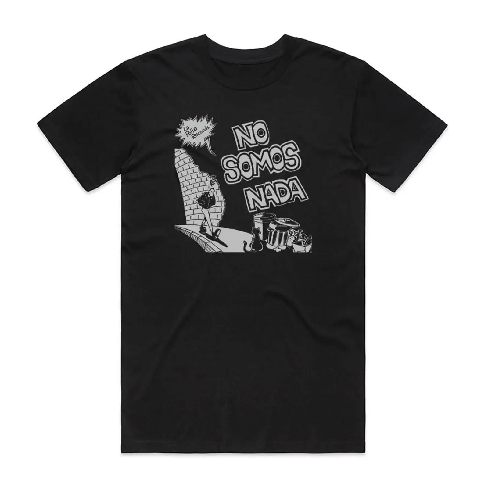 Camiseta con la portada del álbum La Polla Records No Somos Nada, negra, vintage, lavada, ligeramente versátil, con gráfico estampado, elástica
