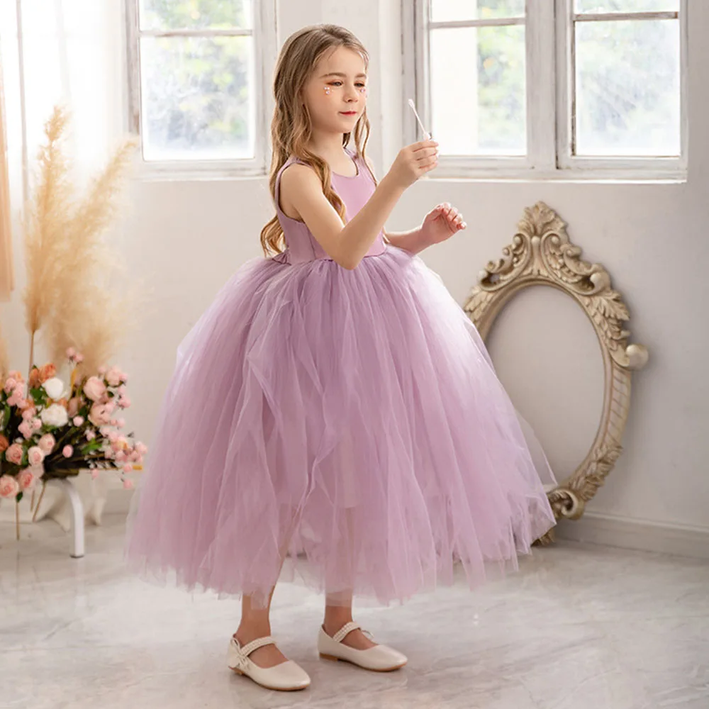 Flower Girls Princess Dresses for Wedding Backless Tutu Kids Birthday Party Gown Sleeveless Children Graduation Costume 2-10 12Y