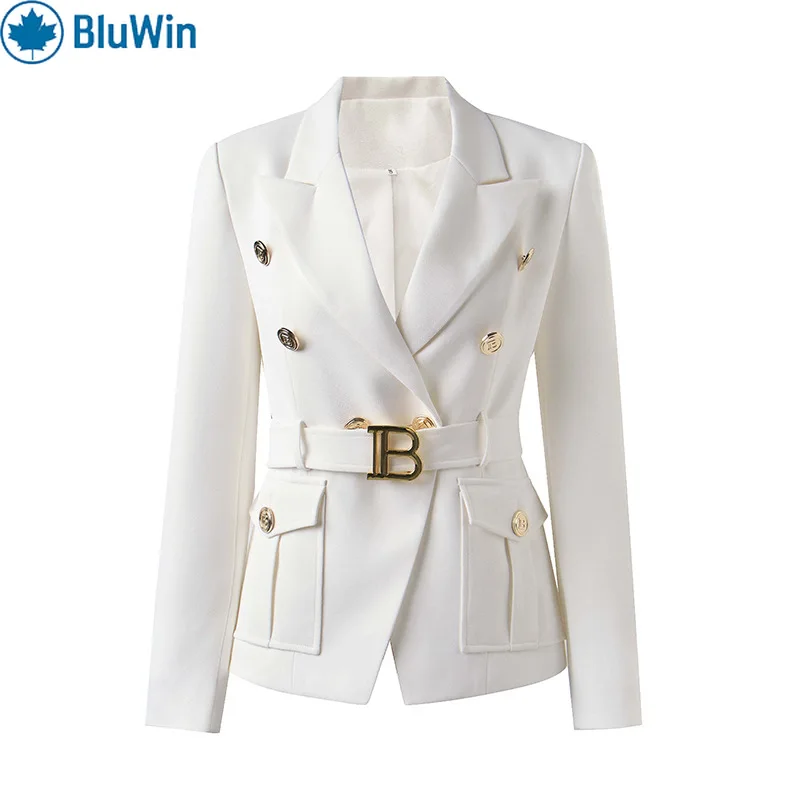 BluWin جديد 9 ألوان وصول مربوط السترة المرأة مزدوجة الصدر الذهب زر محززة التلبيب سليم صالح مكتب العمل سترة