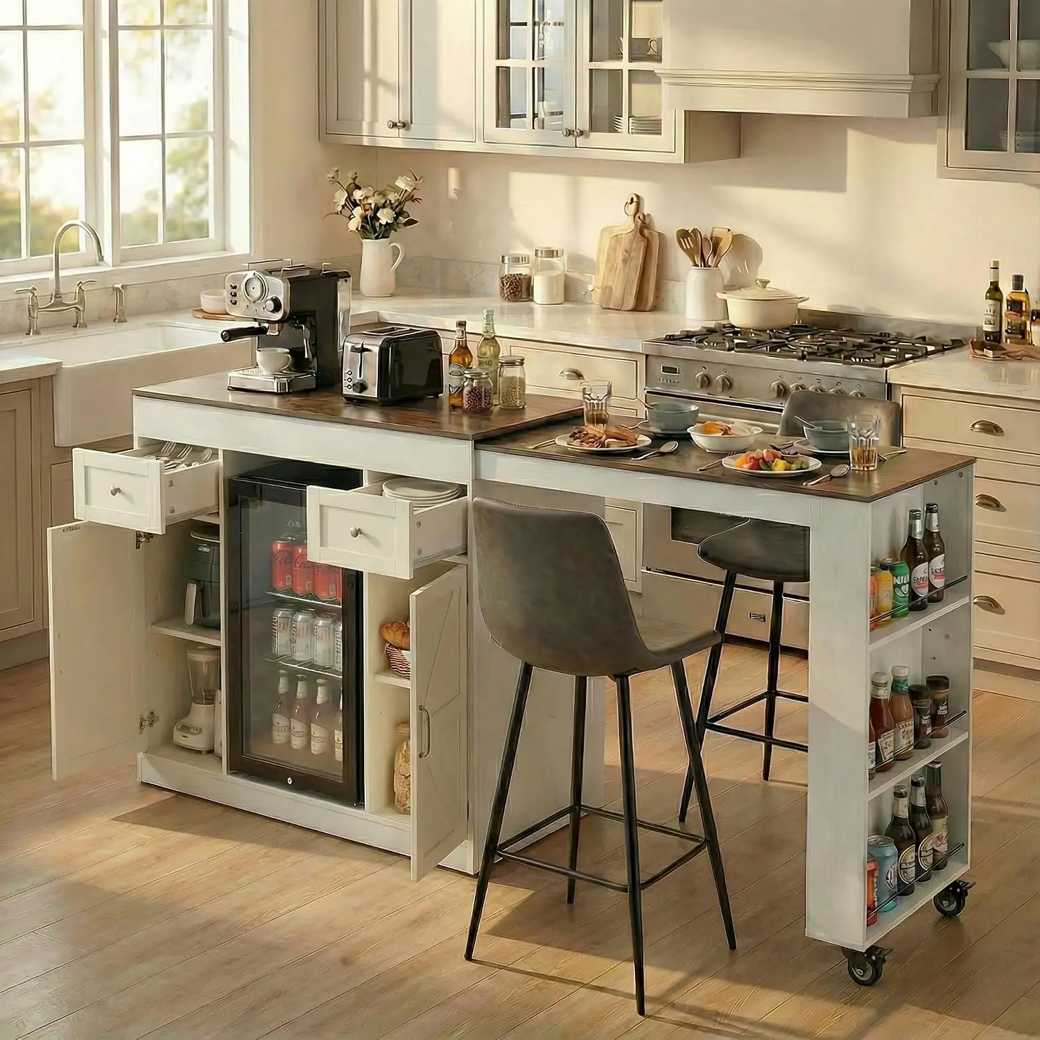 Extendable Kitchen Island with Fridge Storage 48-80 Inch, Customized