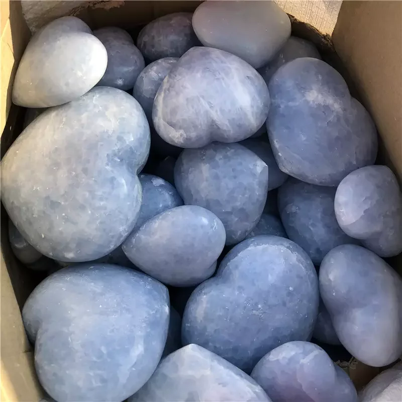 2.2LB Natural Gemstones Blue Celestite Carved Crystal Hearts For Gift