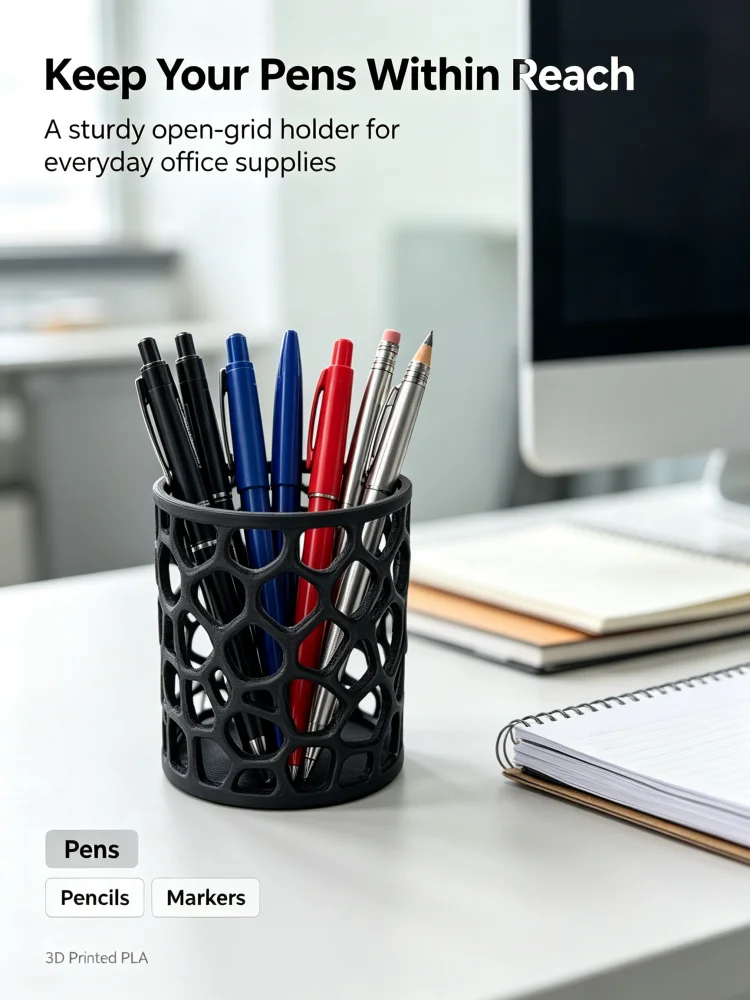 3D Printed Pla Honeycomb Pen Holder, Black Open-Grid Pen Cup, Hollow Geometric Cylindrical Pen Stand, Mesh Desktop Pen Organizer, Home Office Pen Holder, Student Pen Stand, Universal Desktop Storage Container for Office, School, Meeting Room, Teacher's Desk, Industrial Style Minimalist Desktop Decoration, Lightweight and Aesthetically Pleasing Office Supplies Organizer, Desktop Stationery Storage and Organization Tool