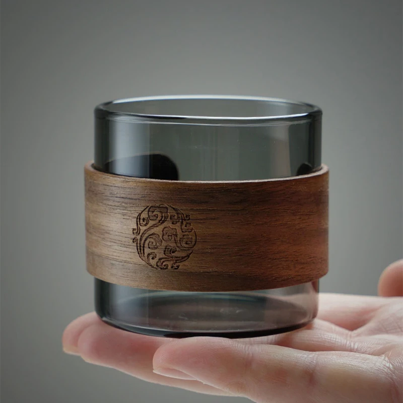HeY LiLac 150ml Light Tea Wooden Ring Insulated Glass Tea Tasting Cup Heat-resistant High-borosilicate Glass Cup