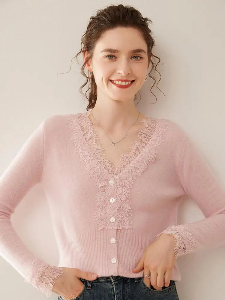 

Spring Autumn Women Cashmere Cardigan Sweater V-neck Lace Tassels Sleeve 100% Cashmere Knitwear Office Lady High Quality Clothes