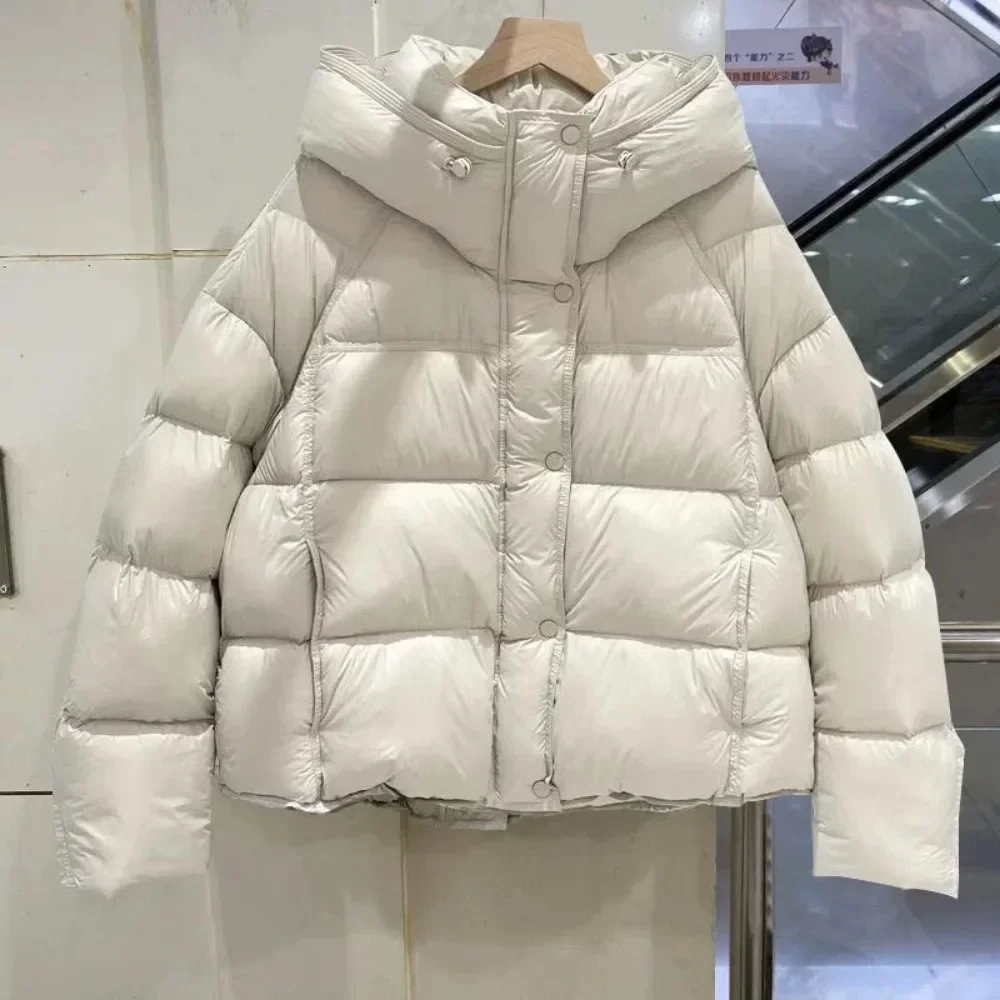 Damska Krótka Biała Kurtka Puchowa z Kaczego Puchu Nowa Parker Jesienno-Zimowa Ciepła Gruba Kurtka z Kapturem Damska