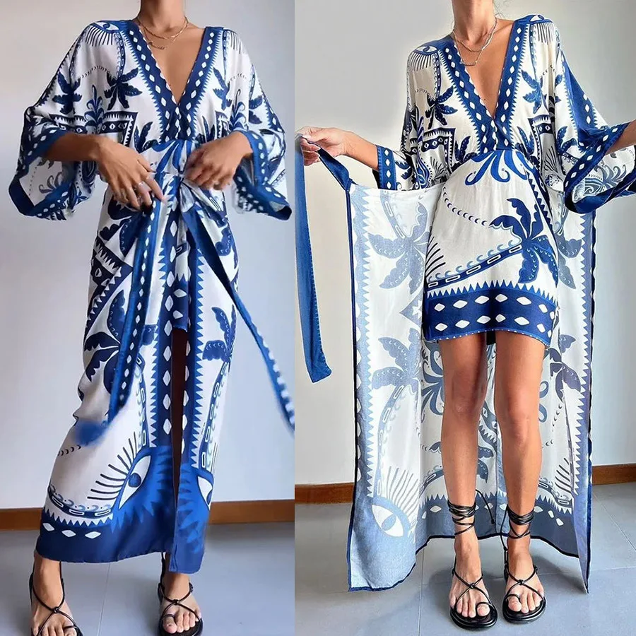 New Fashion Patchwork Lace Up A-line Dress Casual Half Sleeved Bohemian Beach Dresses Sexy Ladies V-neck Printed Long Dress