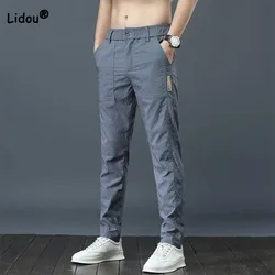 Casual Male Clothes Slim Straight Solid Color Pants 2023 Summer New Fashionable Korean Men's Pockets Mid Waist Zipper Trousers