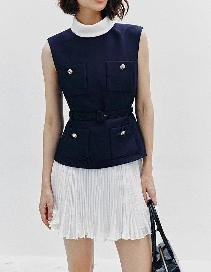 

Темно-синее плиссированное платье с нашивками, женское платье без рукавов с поясом, летнее элегантное шикарное платье, облегающее уличное тканевое женское платье