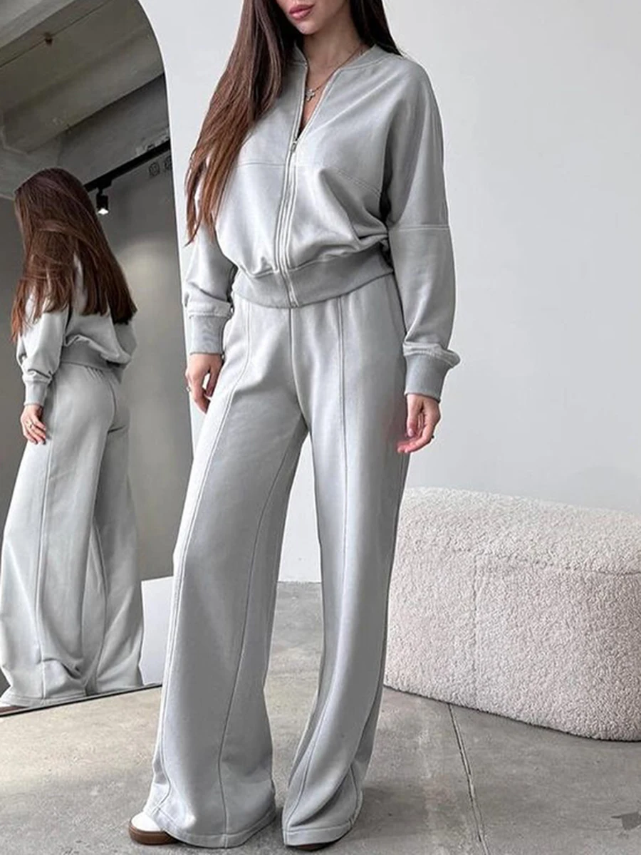 2024 Solid Zipper Sweatshirt Suit Women Long Sleeve Top Drawstring Wide-leg Pants Sets Loose Hooded 2-Piece Set Sports Outfits