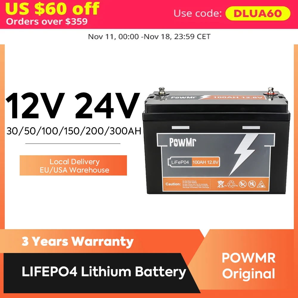 PowMr 24V 12V LiFePO4 Battery Powerwall Lithium Batteries 100AH 150AH 200AH 300AH Max 4PCS Series Parallel