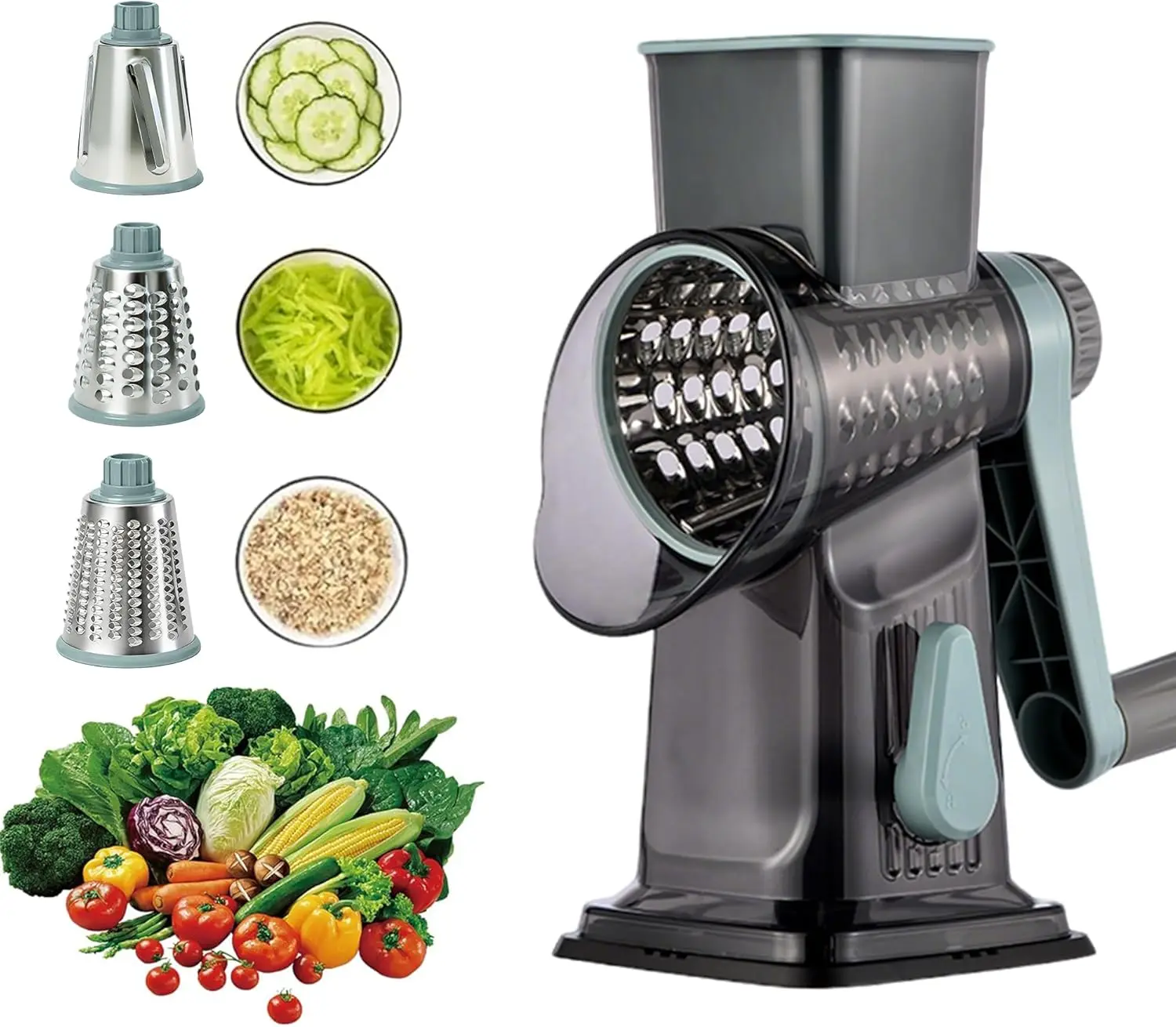 3-in-1 Manual Rotary Cheese Grater Vegetable Slicer with Suction Base Kitchen Mandoline Shredder for Potatoes Easy to Clean