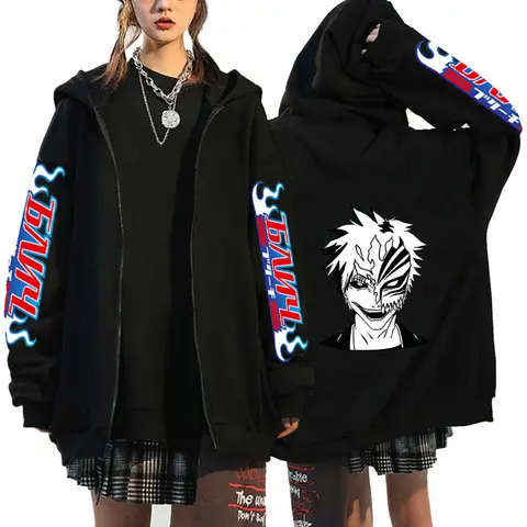 Sudadera con capucha y cremallera con estampado de patrón de tendencia Ichigo Kurosaki de Bleach Reaper de cómic japonés, sudadera versátil informal de moda para uso diario