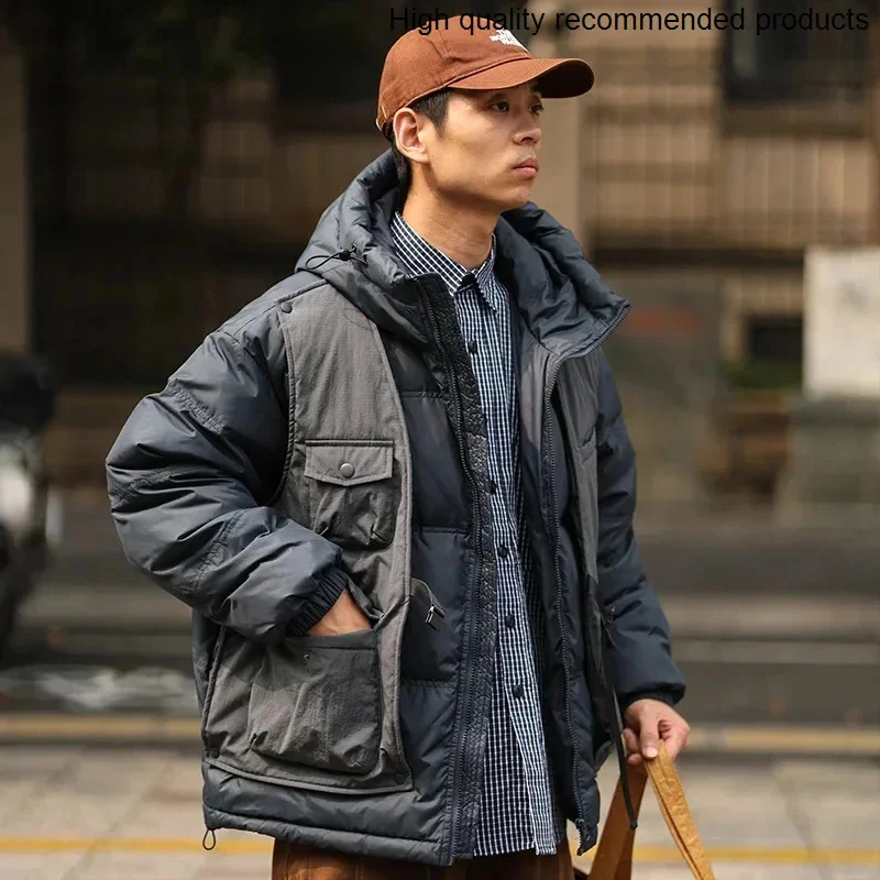 

Down Duck 90% Jacket White Men Winter Japanese Streetwear Removable Vest Outdoor Hooded Cargo Down Jacket Techwear Parka Coat