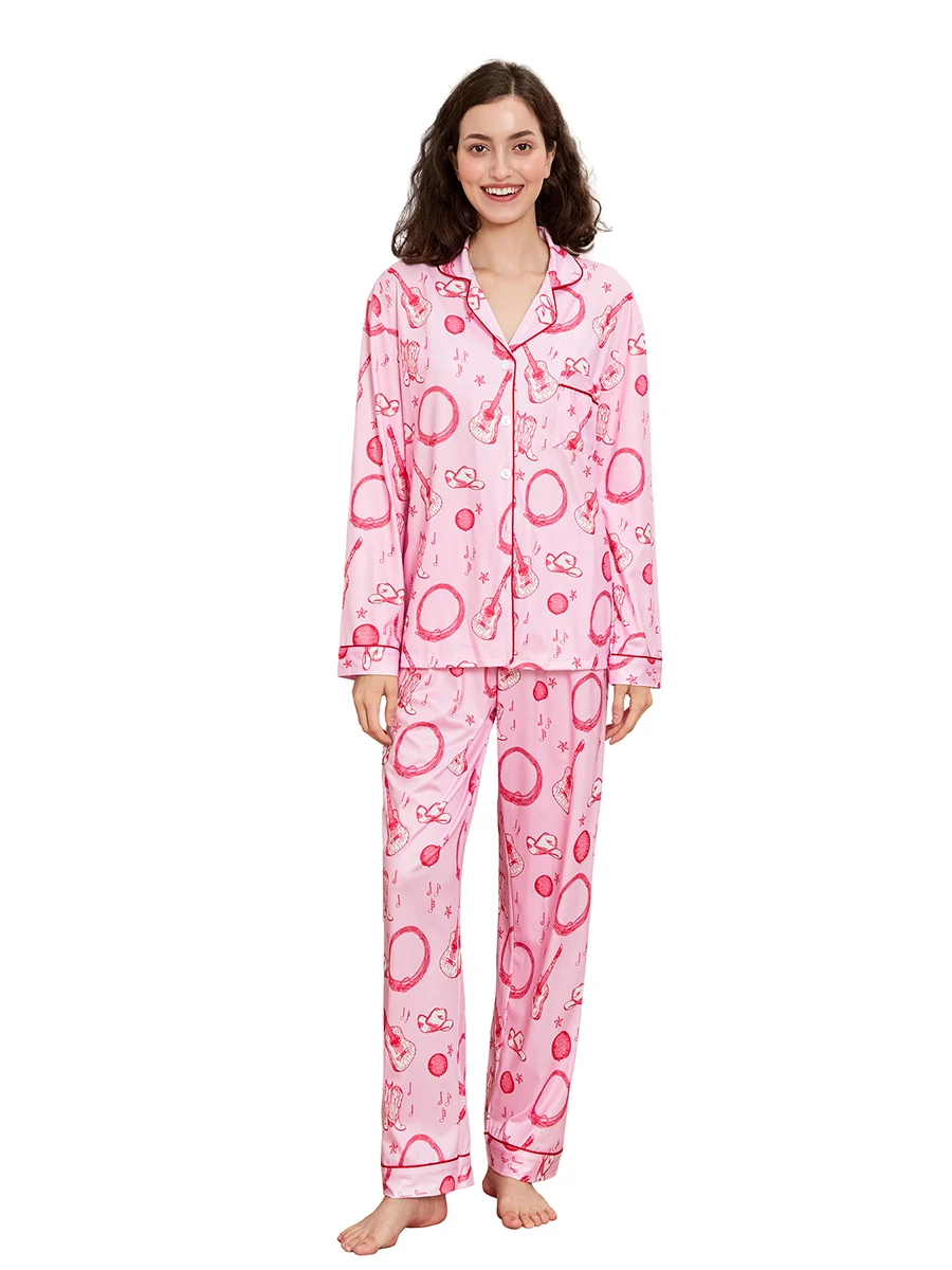 Dames 2-delige pyjamaset Cowgirl Element Print shirt met lange mouwen en elastische broek voor loungewear Zachte nachtkleding