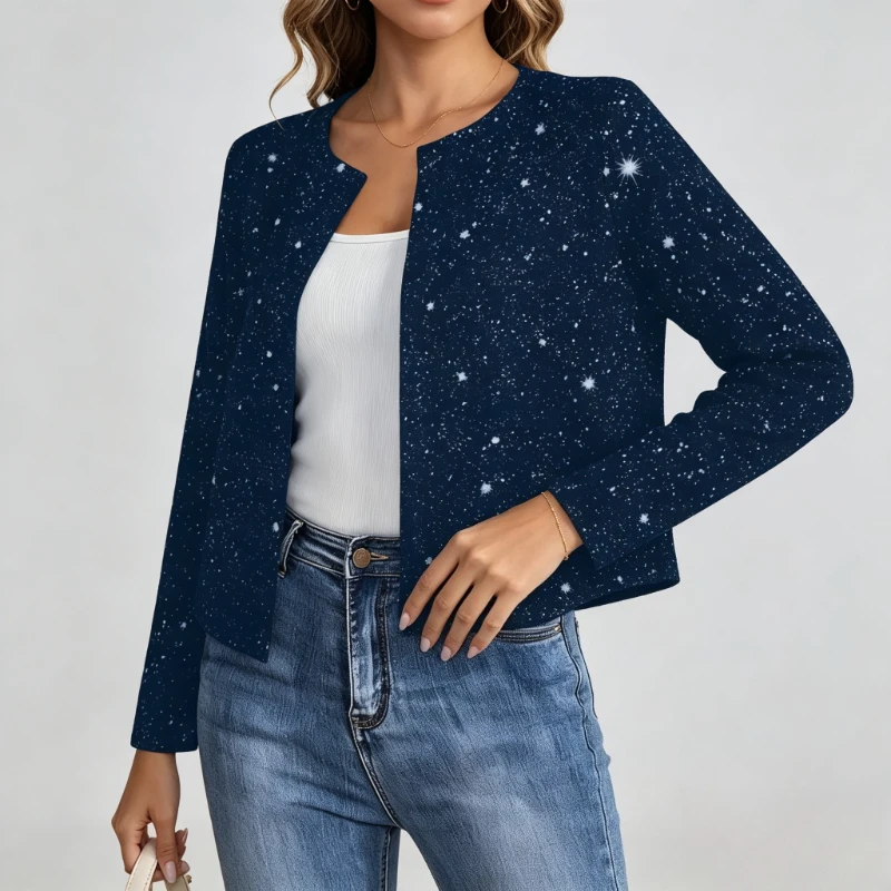 Autumn Women Glitter Open Front Cardigan Round Neck Long Sleeve Cropped Jacket Sparkly Print Casual Party Daily Outerwear Tops