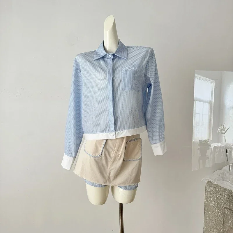 

Casual Women Skirt Set Blue White Striped Patchwork Lapel Shirt Pocket Korean Style A-line Mini Skirts Preppy Female Outfits