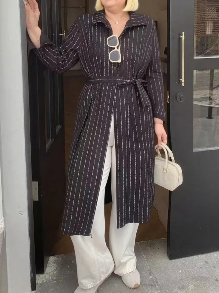

Beautyblue Casual Women's Long Coats Stylish Striped Windbreaker New Loose Lace Up Button Lapel Shirt Fashion Female Clothes