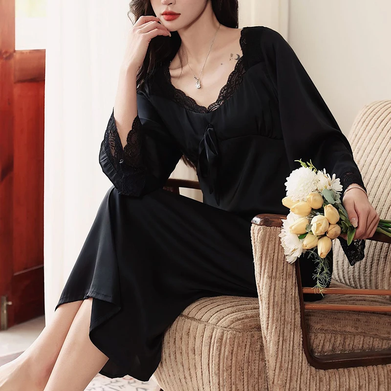 Elegant Court Style Long Nightdress Sleepwear Spring Summer Female Nightgown Lounge Wear Casual Silk Satin Bathrobe Home Wear