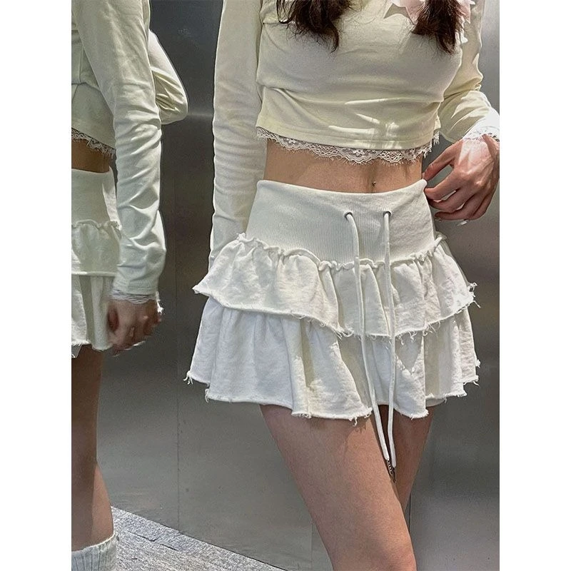 Deeptown Sweet Kawaii Ruffle Mini Skirt Korean Style Cake Lace Up Layered Skirts Elegant Sexy Casual Patchwork Solid Short Skirt