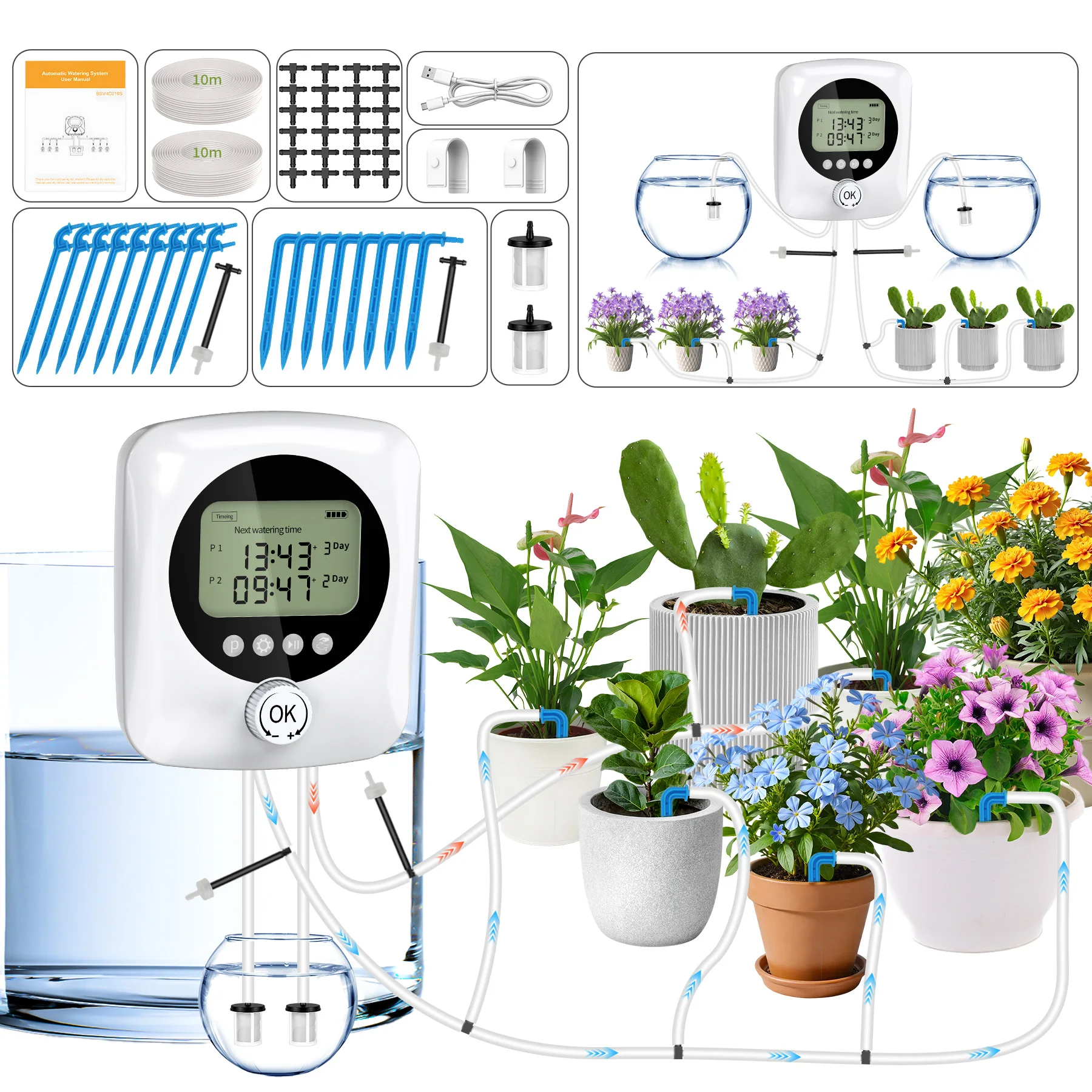 Automatische Bewässerung Indoor, Selbstbewässerungssystem für 30 Topfpflanzen, Automatisches Tropfbewässerungskit, Programmierbarer Wassertimer, Intelligente Feuchtigkeitserkennu