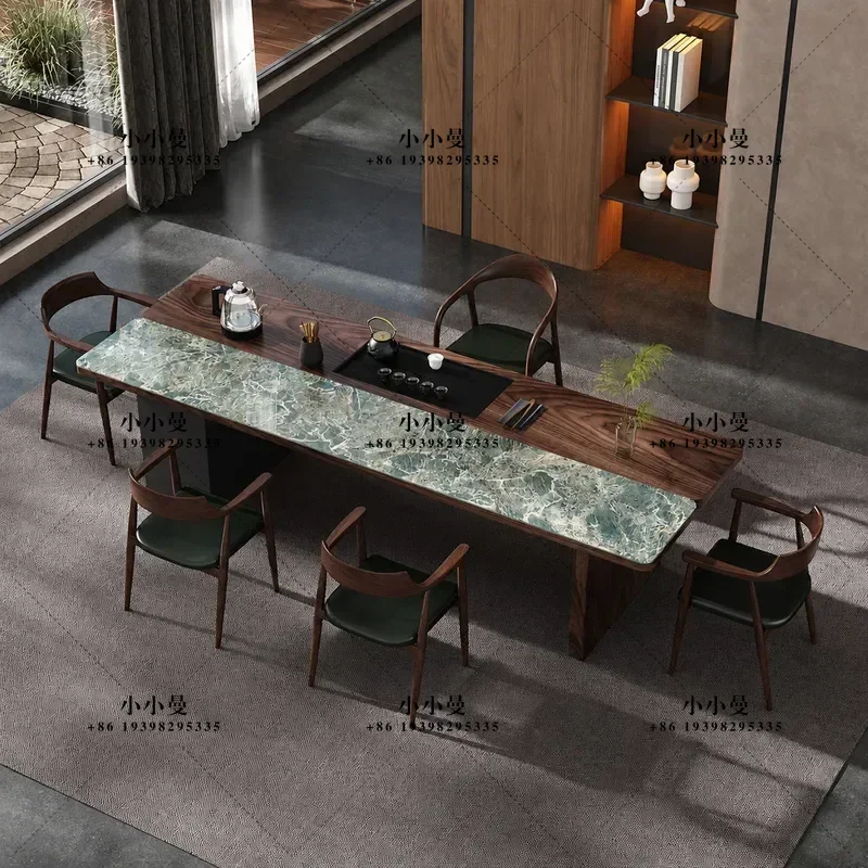 New Chinese Style South American Walnut Solid Wood Rock Slab Tea Table and Chair Set One Table Five Chairs for Living Room