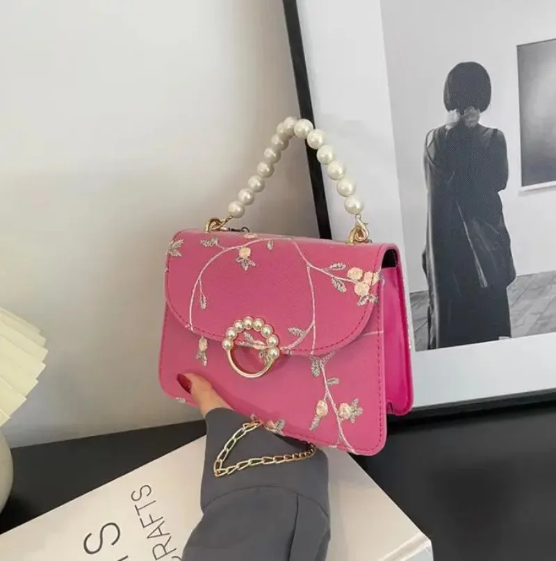 Women Pu Net Yarn Flower Embroidery Shoulder Bags Messenger Bags Vintage Pearl Chain Handbags Female Fashion Flap Crossbody Bags