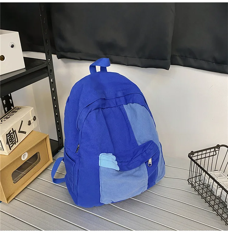 Contrast Color Block Canvas Backpack Large Capacity Casual School Travel Rucksack for Student Daily Use