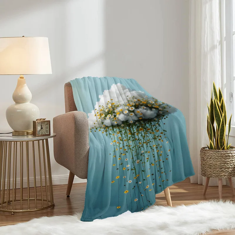 Surreal Cloud Daisy Flannel Blanket, Dreamy Hanging Yellow White Floral Pattern Lightweight Throw Blanket for Bed Couch Home Use