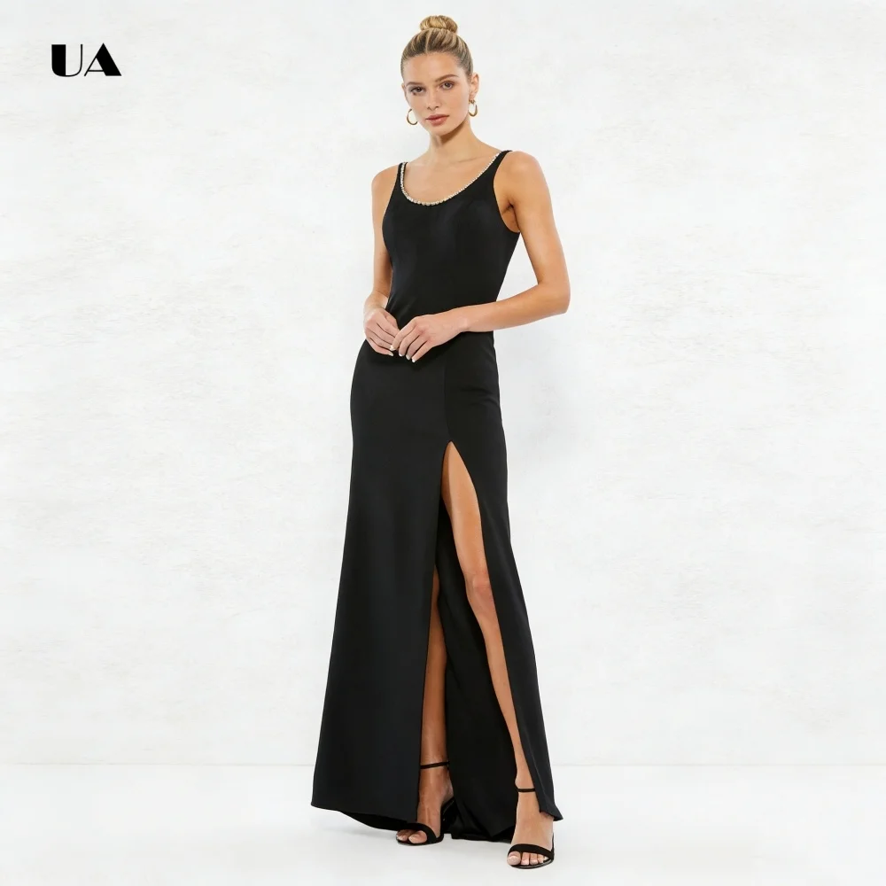 

ULBYANRY Sleeveless Prom Dress with Scoop Neck Solid Column High-slit Evening Dresses for Women Rhinestone Customized Party Gown