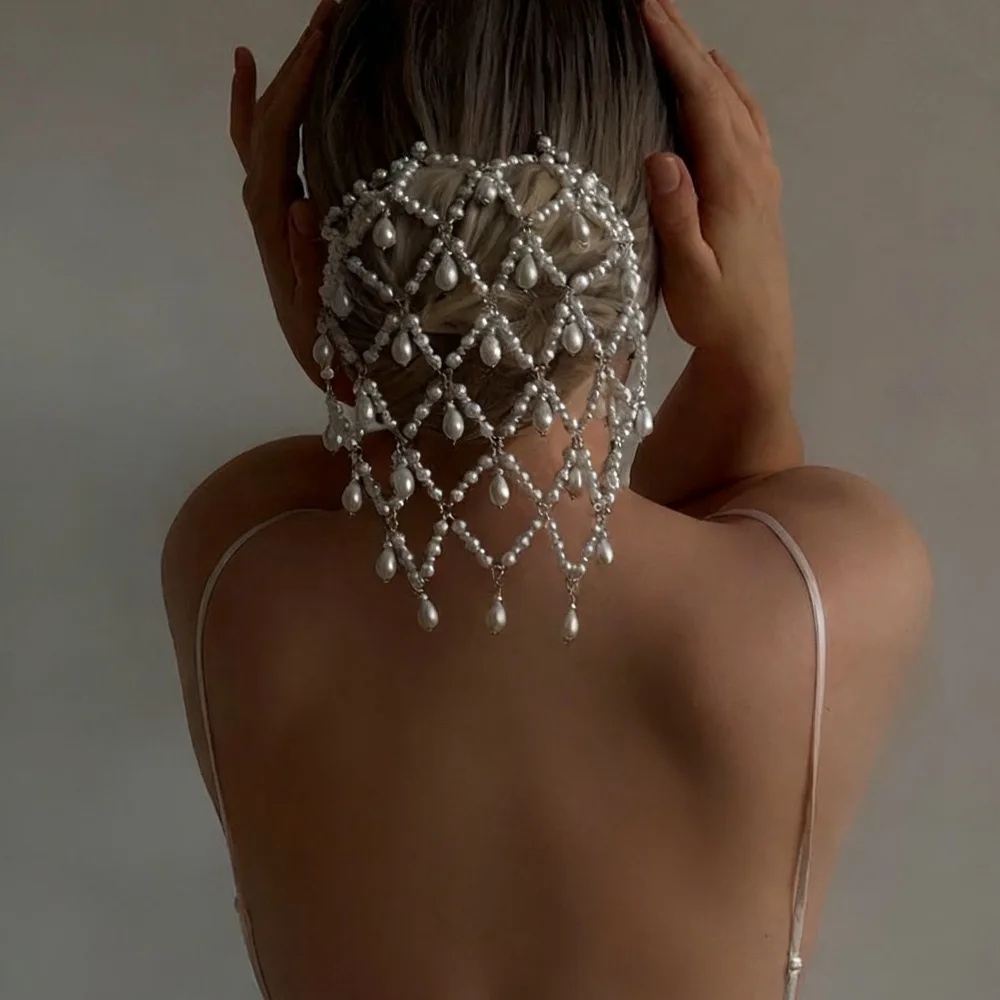 1Pcs Boho Pearl Mesh Headpiece Elegant  Pendant Wedding Hair Comb Head Chain Luxury Pearl Hair Chain Wedding Accessories