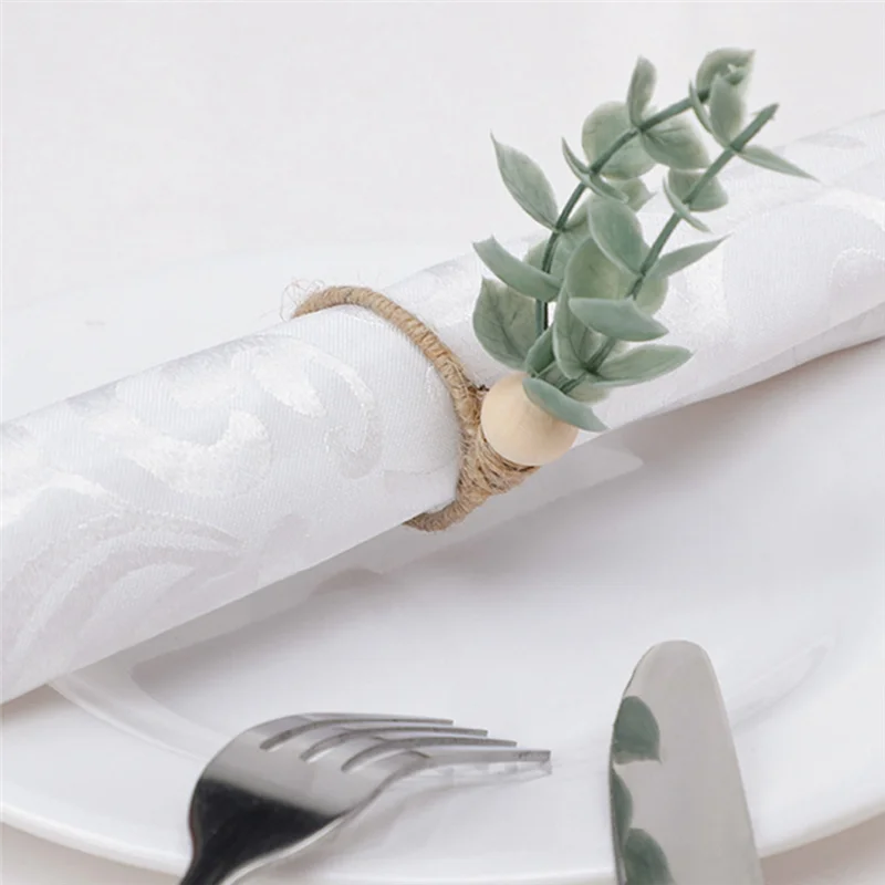 6 Pcs Eucalyptus Napkin Rings Handmade Wooden Beads Home Decor Faux Greenery Napkin Holders for Weddings,Party,Etc