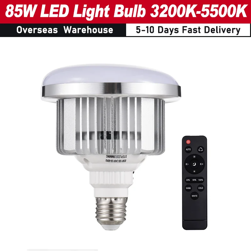 85W LED Light Bulb 3200K-5500K Photography Lamp Bulb Energy-saving E27 Mount for Studio Home Office Hotel with Remote Control