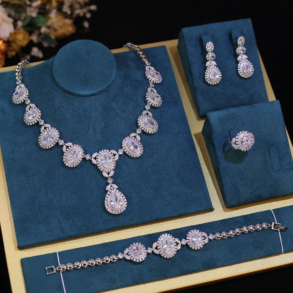 New Fashion Big Water Droplet 4-Piece Super Deluxe Cubic Zirconia Wedding Party Dress Nigeria Dubai Bridal Jewelry Set