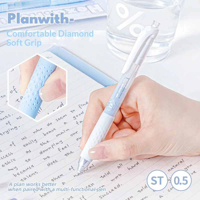 Planwith Gel Pen 3pcs Cute Set 0.5 Low Gravity Visible Ink Smooth Noiseless Click Pens for Long Writing Exam Practice Stationery