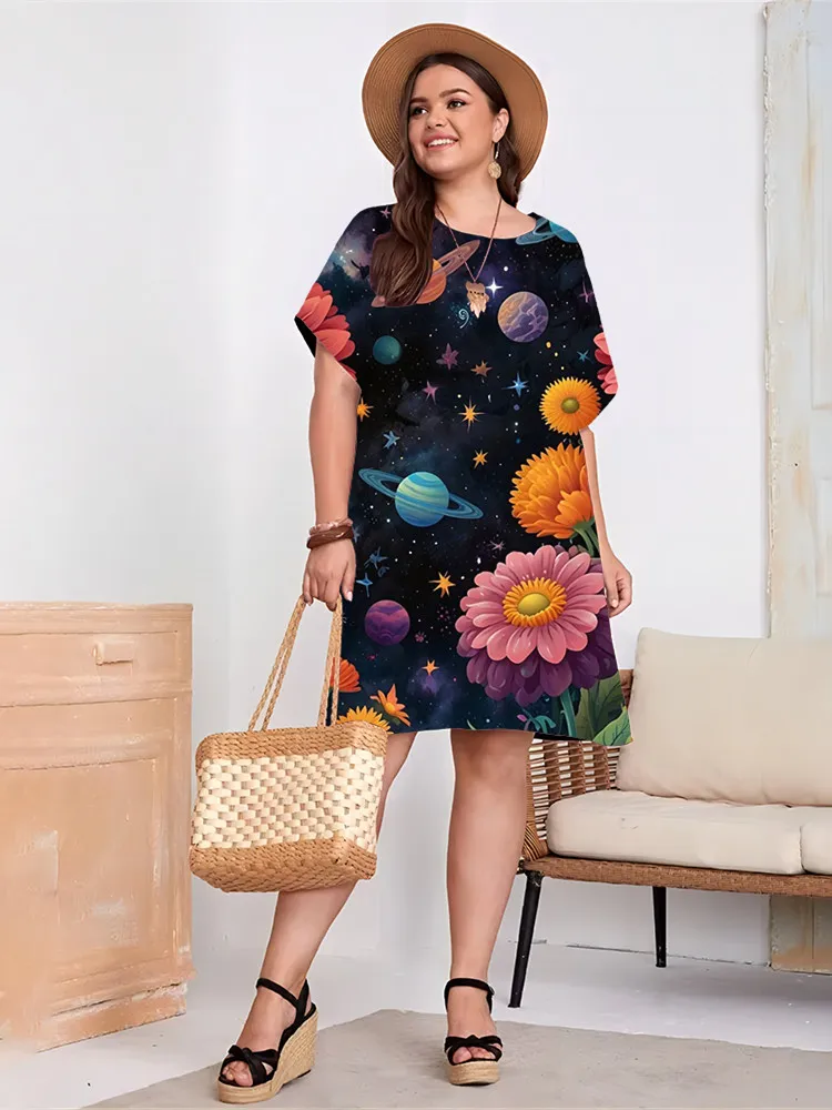 1XL-9XL Large Size Women Dress Summer Elegant Floral Print Loose Ladies Sundress Casual Short Sleeve Plus Size Women Clothing