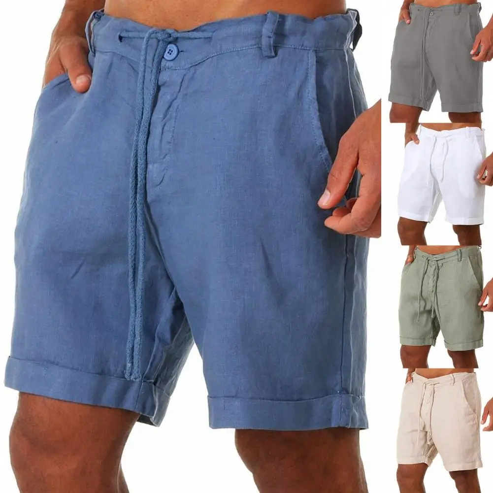 Pantalones cortos de lino para hombre, Shorts de algodón para playa, holgados, sólidos, ocio salvaje, Verano