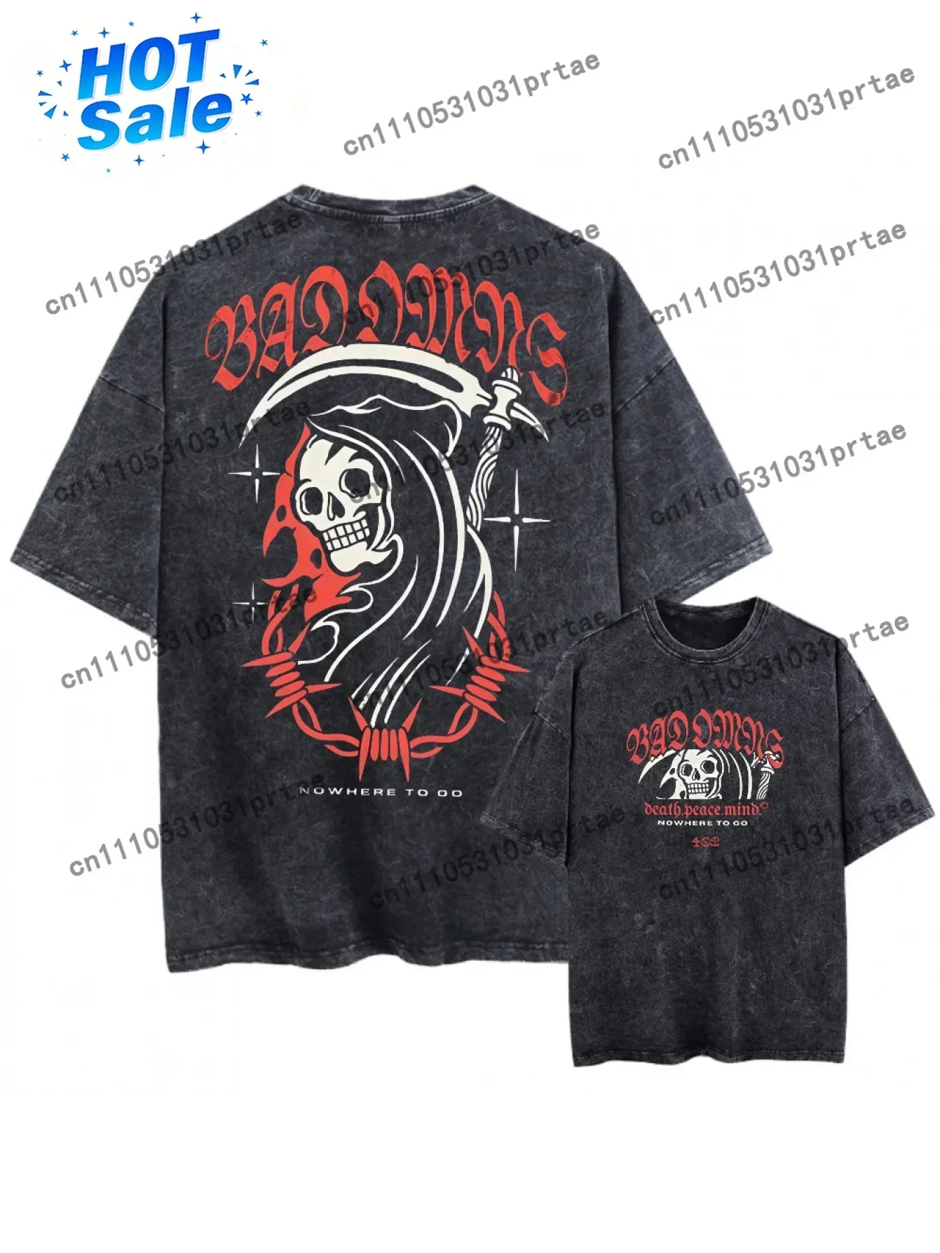 Vintage Washed Oversized Black Tshirt Graphic Men Women Clothing Grim Reaper Skull Barbed Wire Crosses Band Name Text Bad Omen B