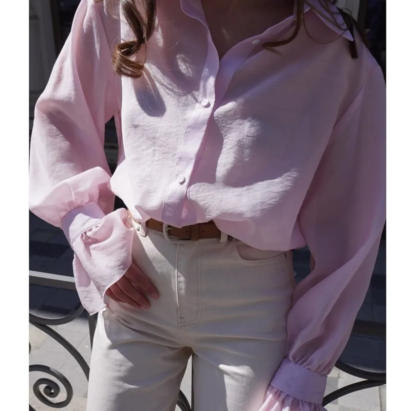 2025 Autumn New Commuting Flare Long Sleeve Shirt Button Office Wear Woman Blouse Loose Casual Women's Shirt White Pink Blusas