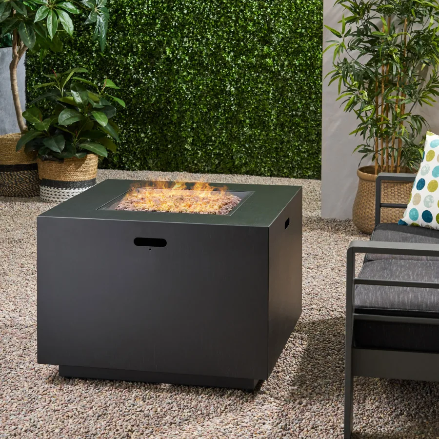 

Outdoor patio propane fire pit for backyard use, iron construction, dark grey finish, 50, 000 BTU output with built-in tank sto