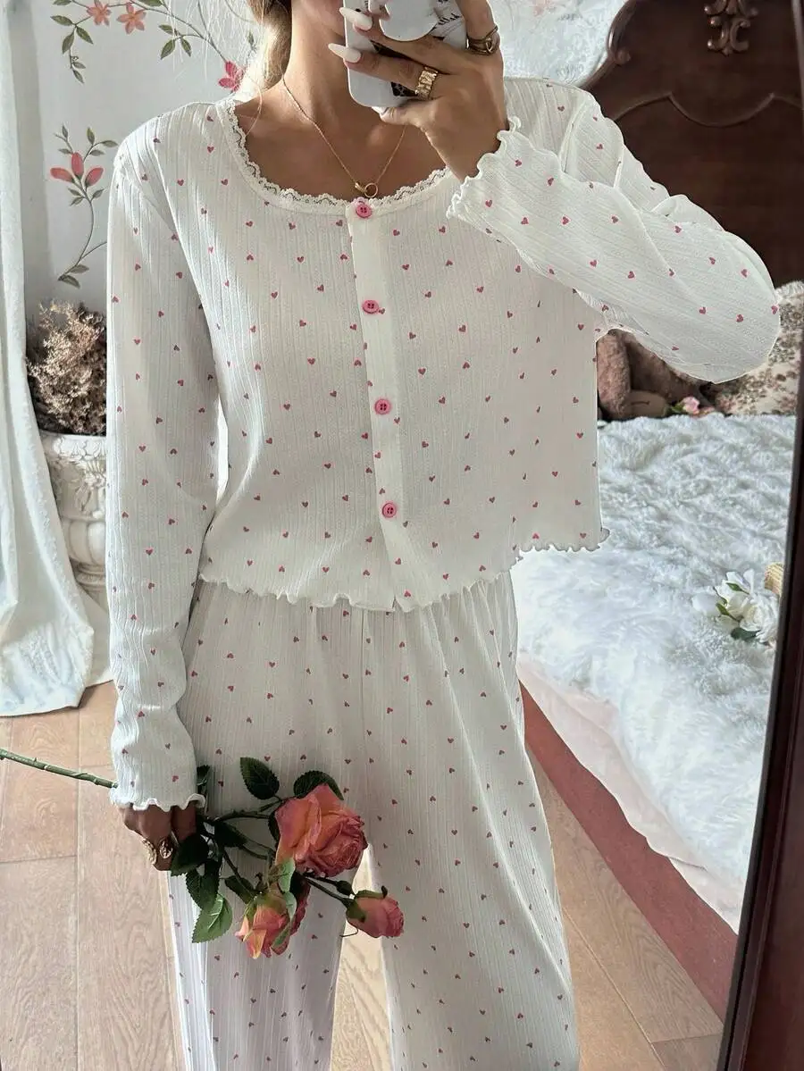 

Women's Heart Print Lace Trim Cardigan & Pants 2-Piece Pajama Set