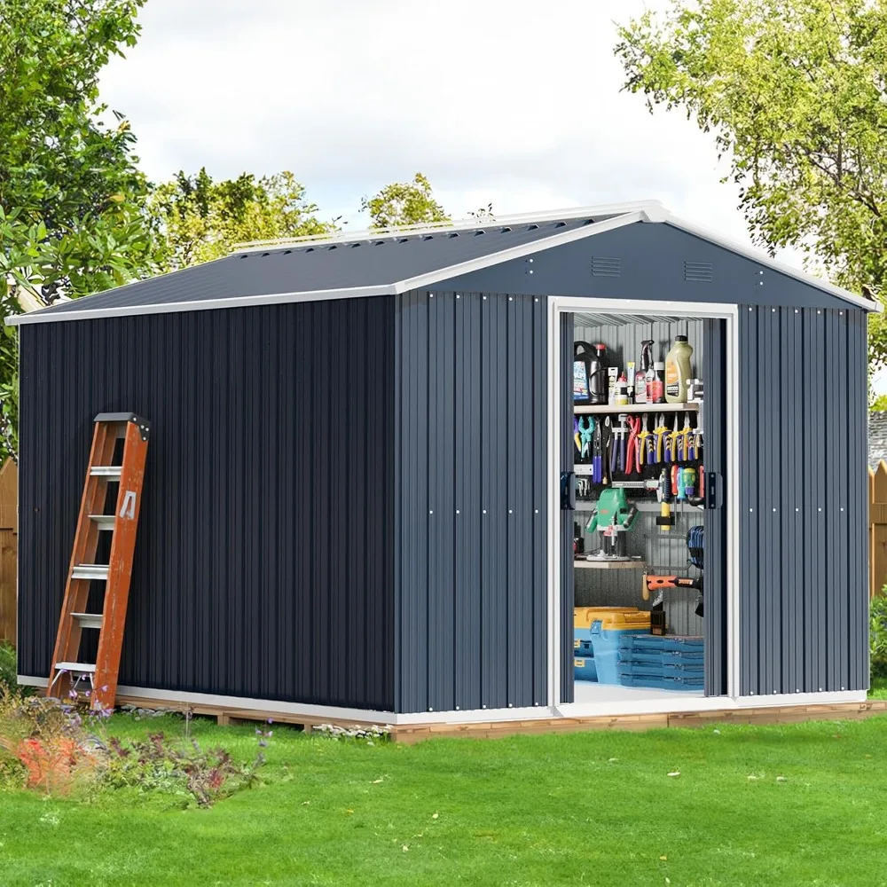 

10X8X6 FT Outdoor Storage Shed, Utility Steel Tool Storage with Sliding Door and Air Vents, Metal Bike Shed for Garden, Backyard