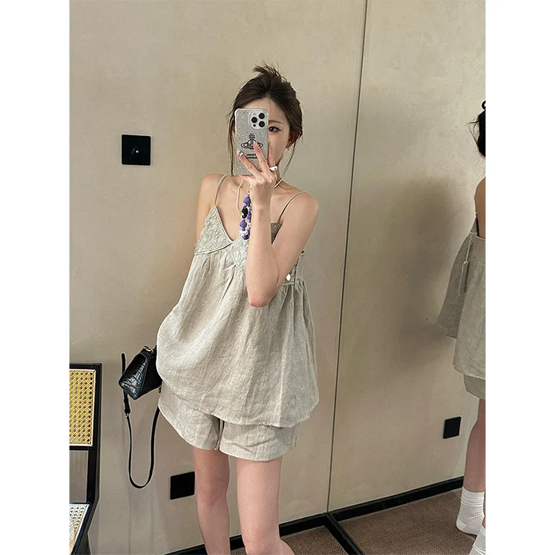 Korean Version of Niche Sequins Splicing Suspenders Pajamas Women's Summer Large Size Vest Shorts Loungewear Set