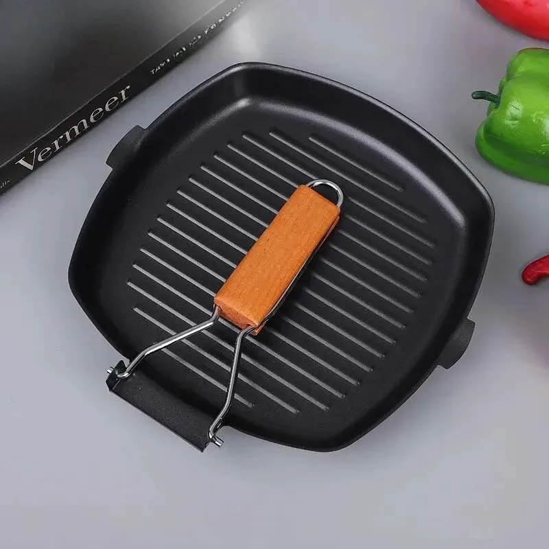 Portable Foldable Frying Pan Baking Pan Anti Scalding Wooden Handle Outdoor Home Thickened Steak Frying Pan Accessories Articles