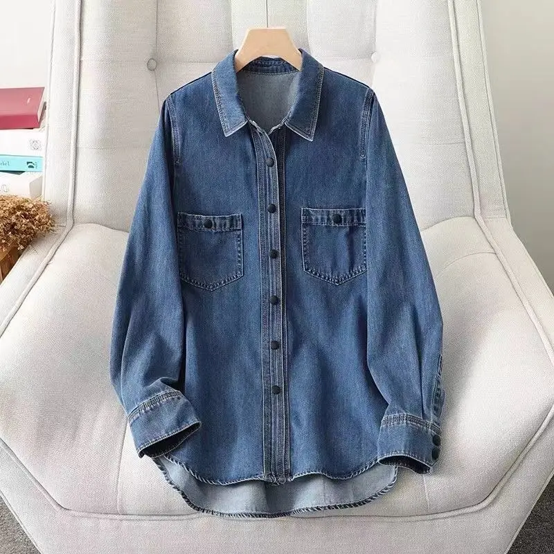 معطف الدنيم الفراء المرأة الربيع اقتصاص الحضرية Chambray الحواف الخام معاطف وشاحات جميلة مطابقة قابل للتعديل مطوي السترات خمر #2