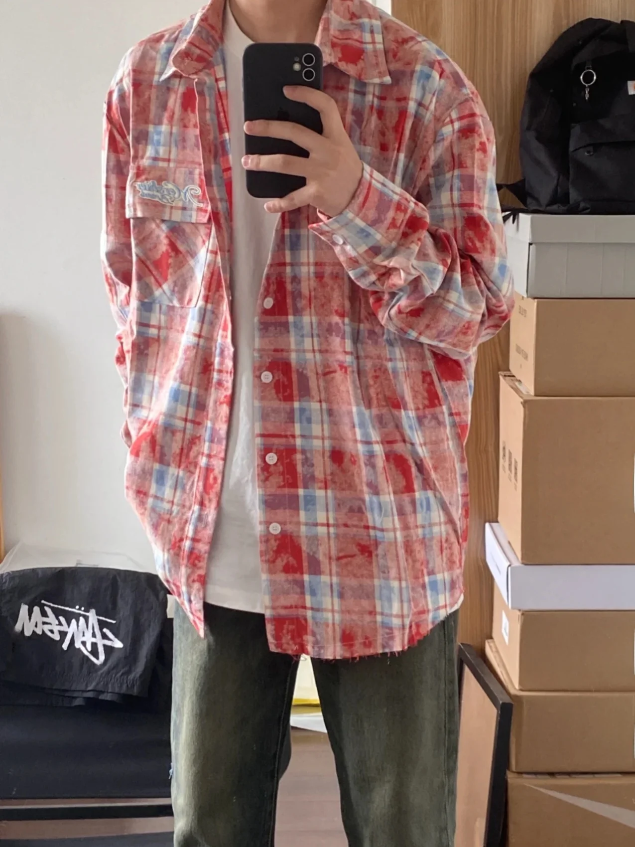 

Американский Ретро Tie Dye Plaid Long Sve irt Свободная повседневная мужская верхняя одежда Весна Осень Зима Сезон Faion Trend