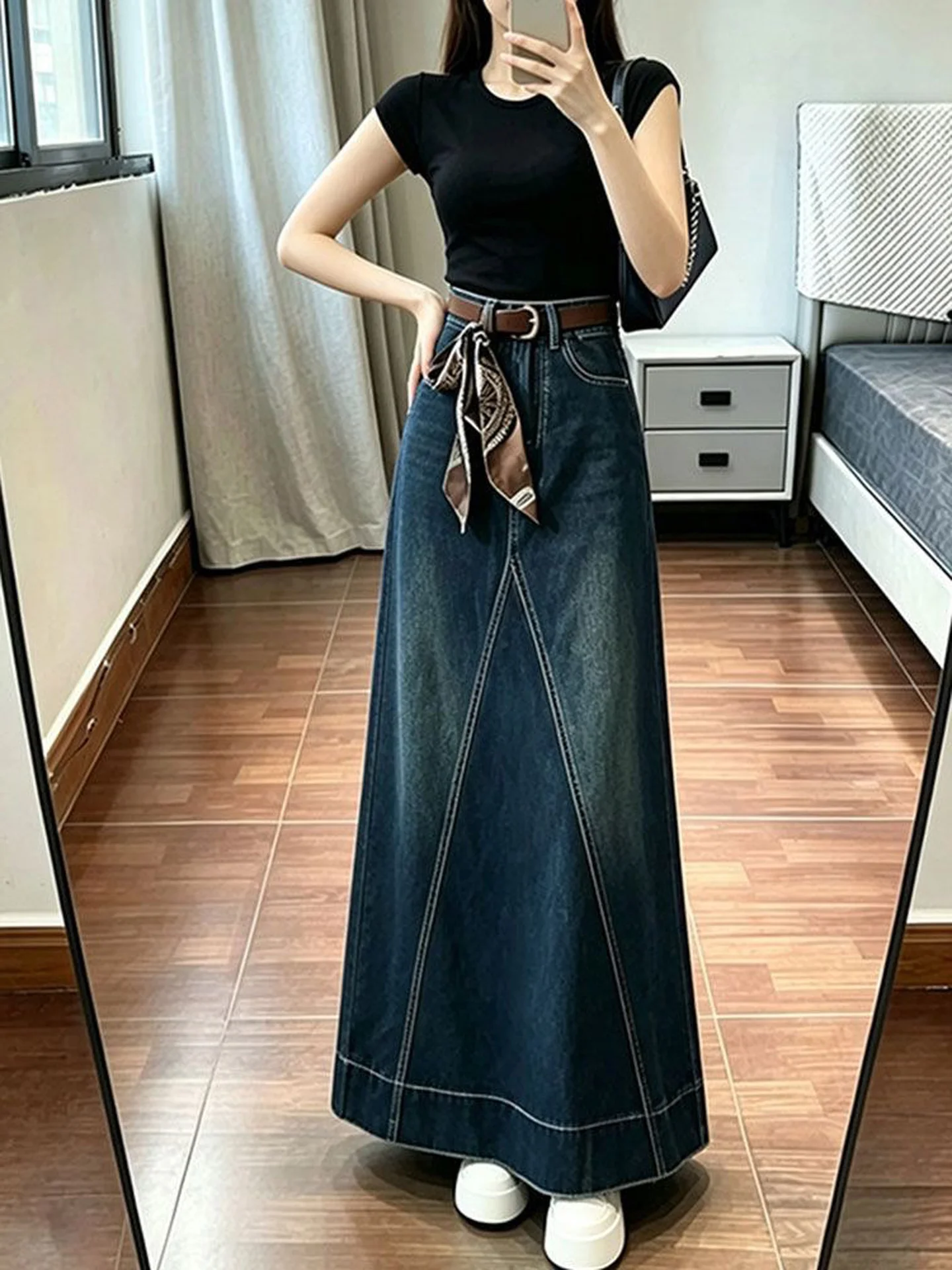 High Waist A-Line Denim  Skirt Women's Casual Loose Fit Hip Concealing Vintage Style Long Skirt Autumn New Arrival