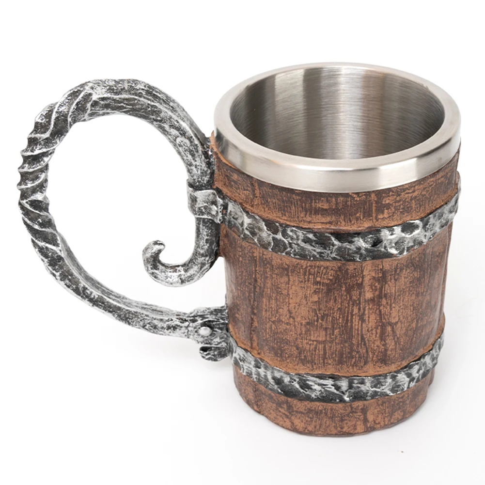 

Viking Wood Style Beer Mug Simulation Wooden Barrel Beer Cup Double Wall Drinking Mug Metal Insulated Bar Drinking Coffee Cup