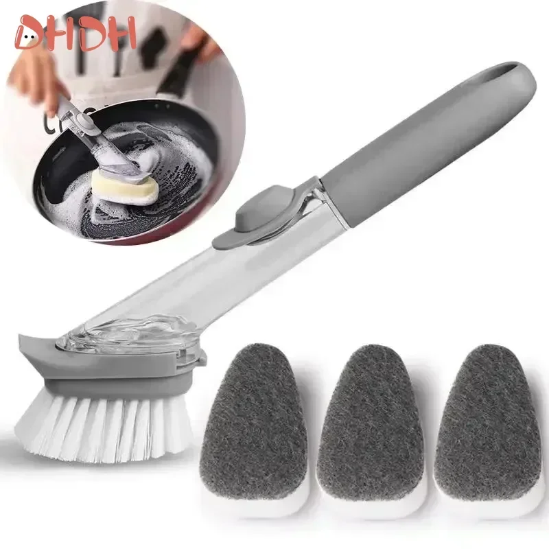 Kitchen Specific Press Type Long Handle Washing Pot Brush Refillable Liquid Cleaning Brush Non-Stick Oil Liquid Adding Pot Brush