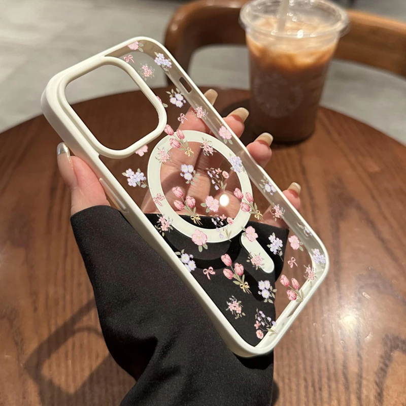 Floral Aesthetics Transparente Hülle für Magsafe iPhone 16 Pro Max 17 15 14 11 13 12 ProMax Plus Hüllen Drop Wireless Charging TPU Fundas – Detail 5