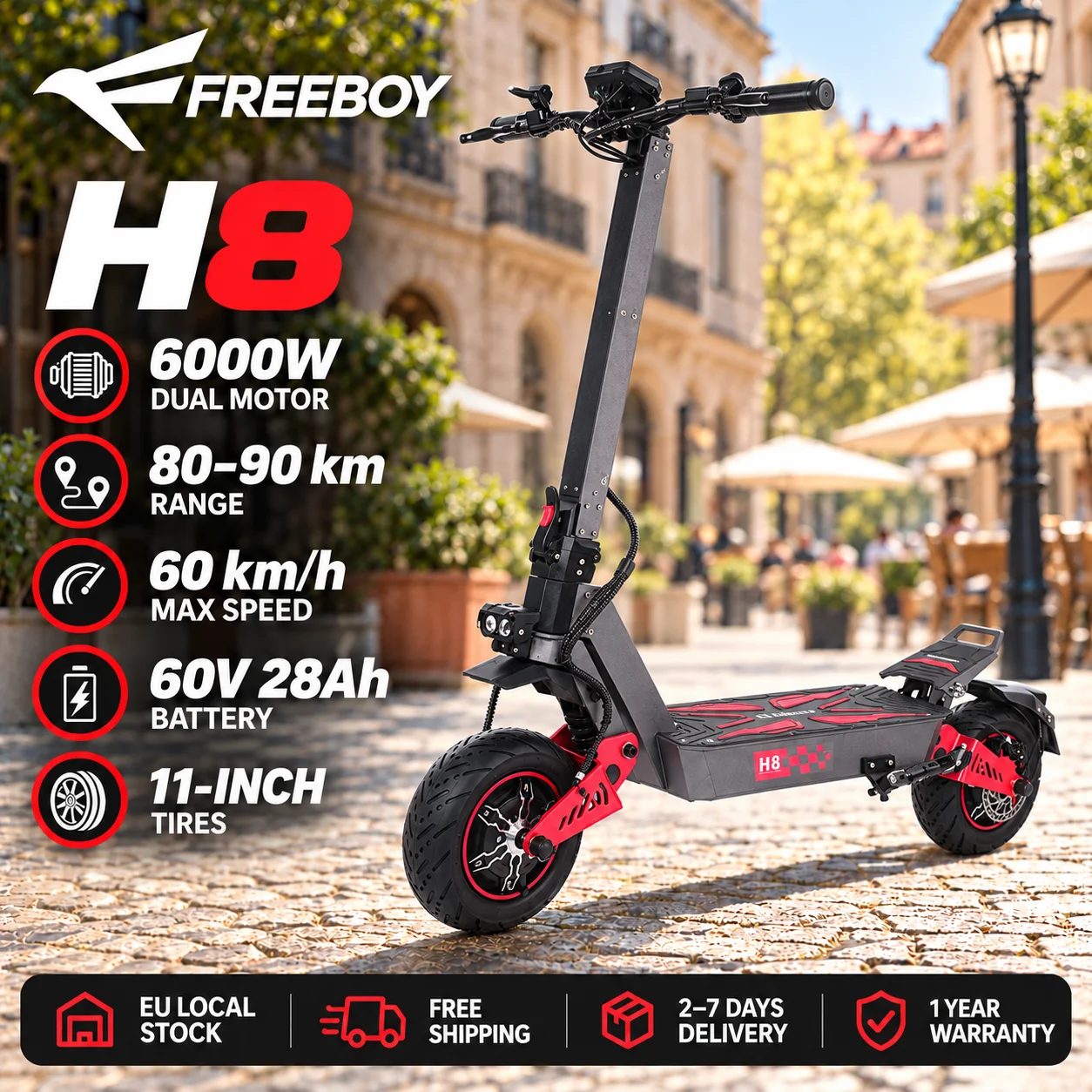 Patinete eléctrico plegable FREEBOY H8, doble motor de 6000 W, batería de 60 V y 28 Ah, autonomía de 80 a 90 km, velocidad de 70 km/h